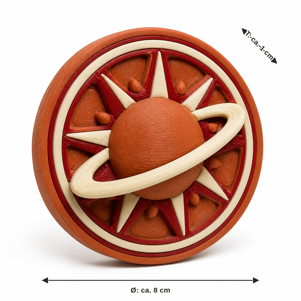 Maßbild für Runder Magnet mit Ringplaneten: Durchmesser ca. 8 cm, Tiefe ca. 1 cm