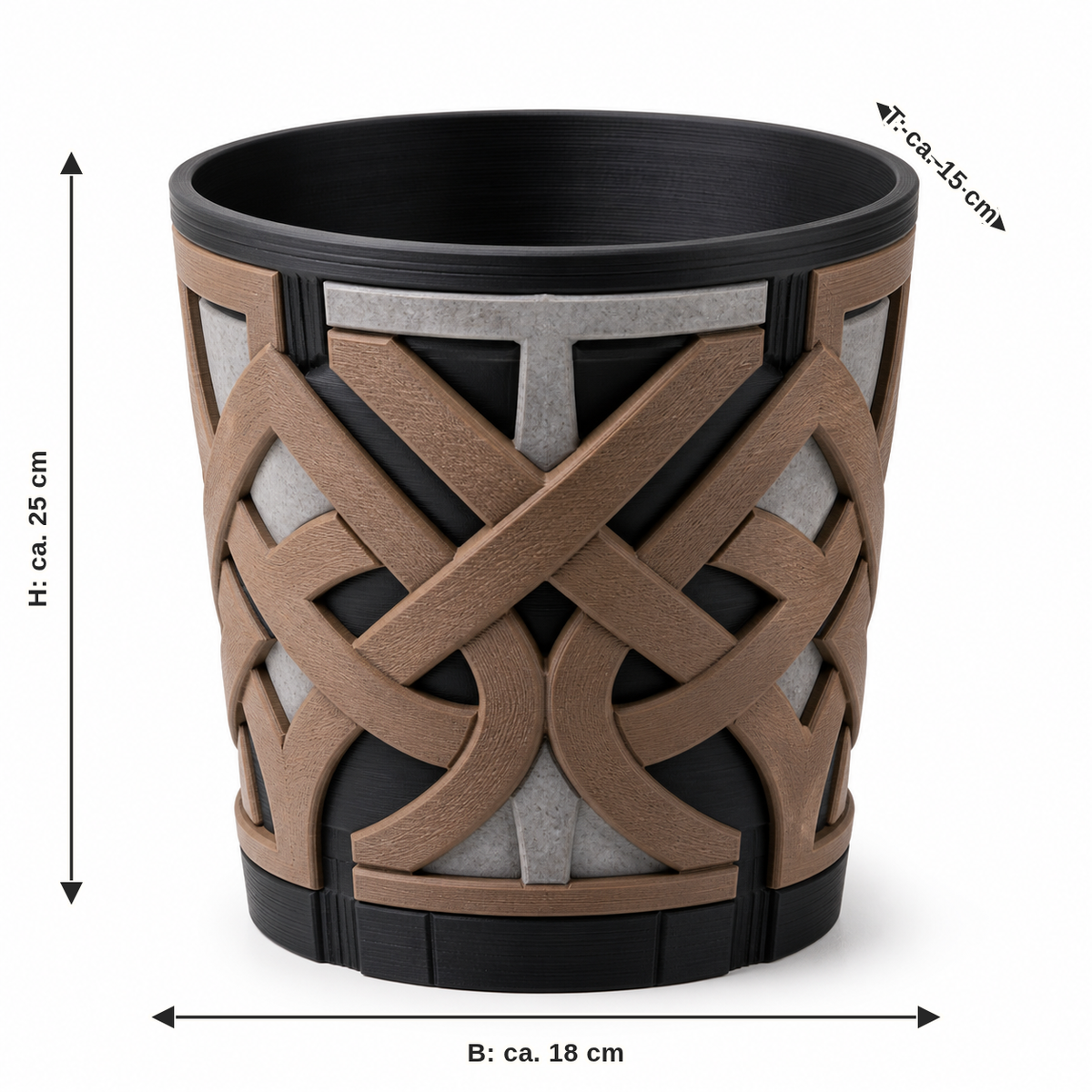 Dimensional image for round bin with Nordic knotting tape: width approx. 18 cm, depth approx. 15 cm, height approx. 25 cm