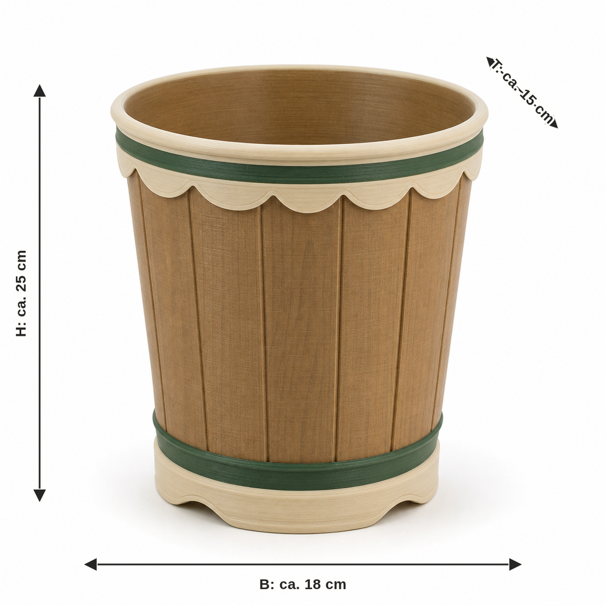 Dimensional image for round bin with decorative edge: width approx. 18 cm, depth approx. 15 cm, height approx. 25 cm