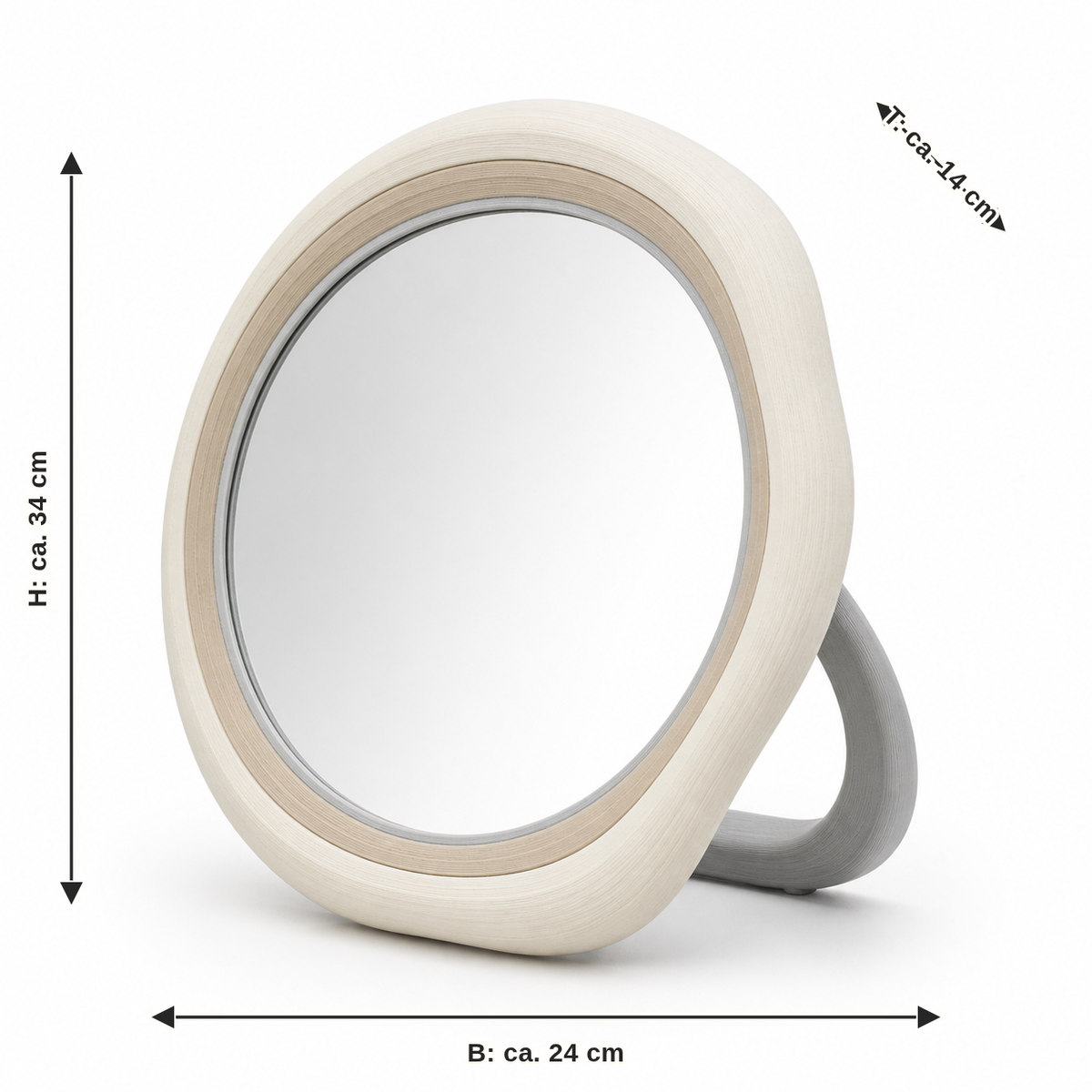 Dimensional image for round standing mirror in soft natural tones: width approx. 24 cm, depth approx. 14 cm, height approx. 34 cm