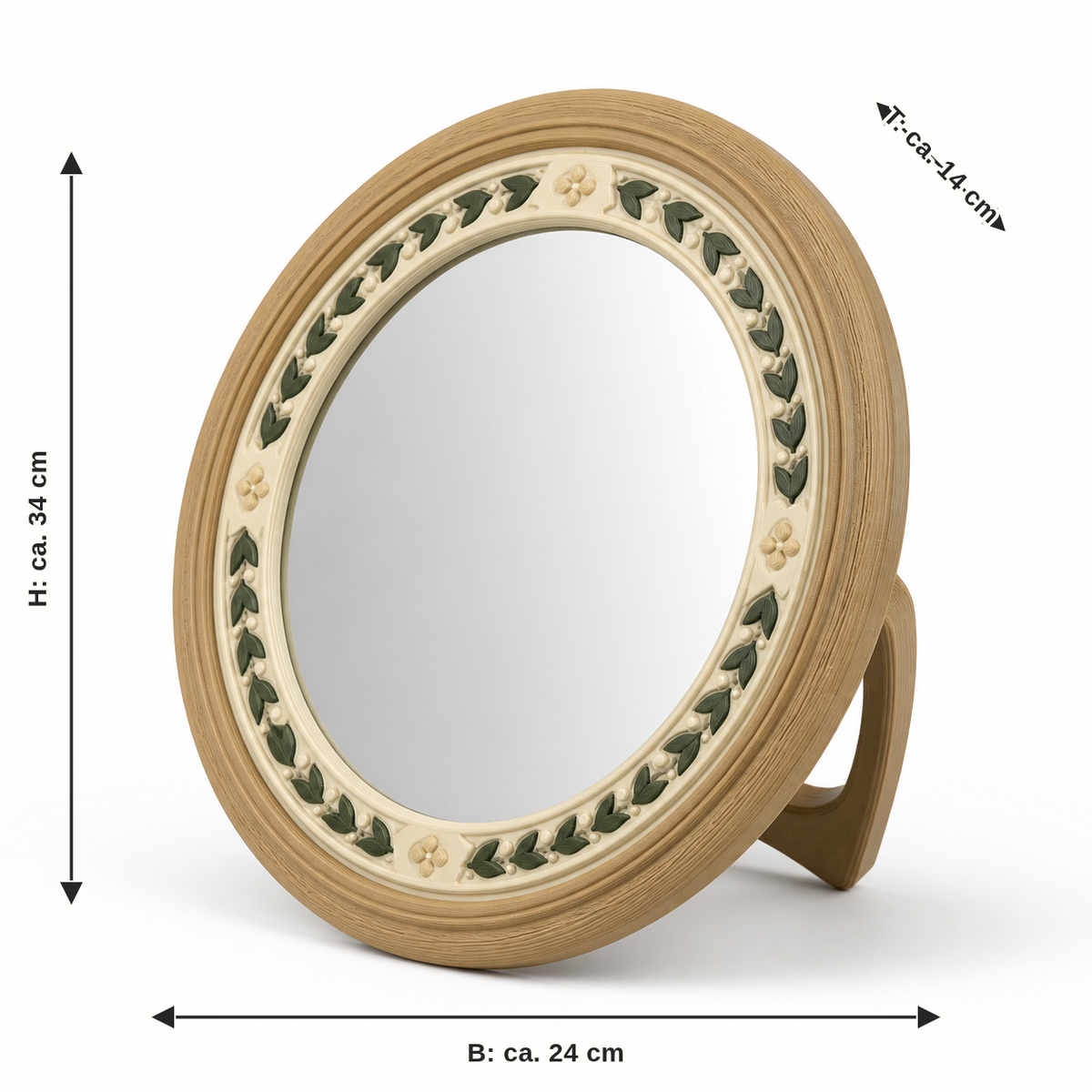 Dimensional image for round standing mirror with leaf ring: width approx. 24 cm, depth approx. 14 cm, height approx. 34 cm