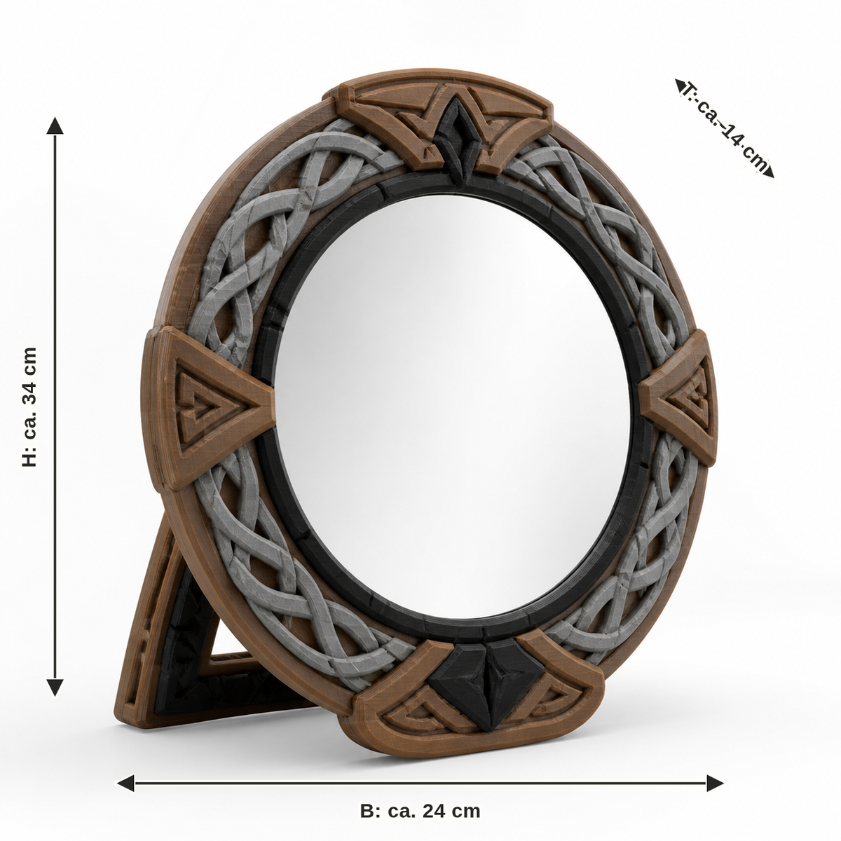 Dimensional image for round standing mirror with rune ring: width approx. 24 cm, depth approx. 14 cm, height approx. 34 cm