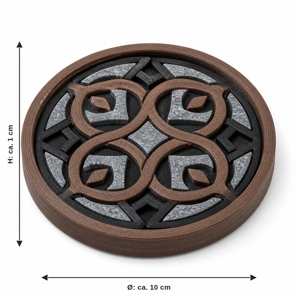 Dimensional image for round coaster with quadruple knot: diameter approx. 10 cm, height approx. 1 cm