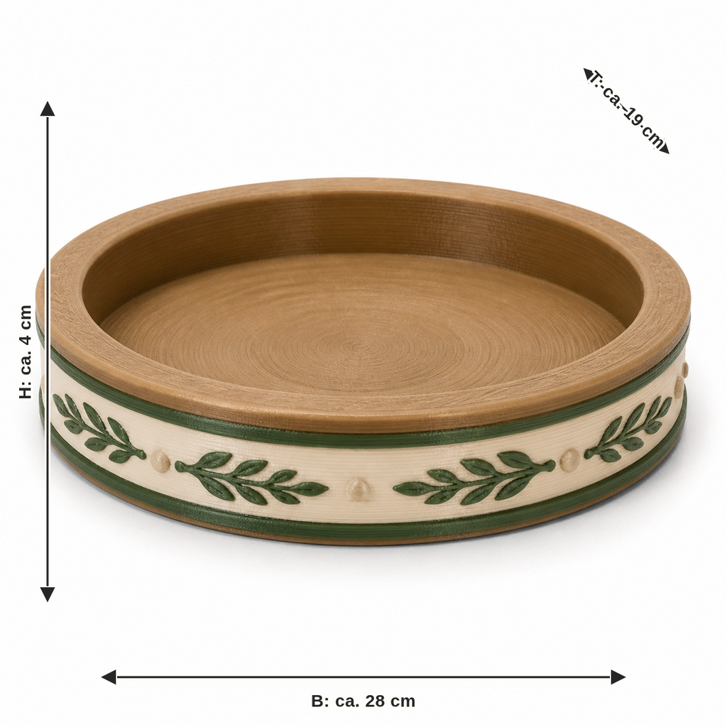 Maßbild für Rundes Dekotablett mit Blätterranke: Breite ca. 28 cm, Tiefe ca. 19 cm, Höhe ca. 4 cm