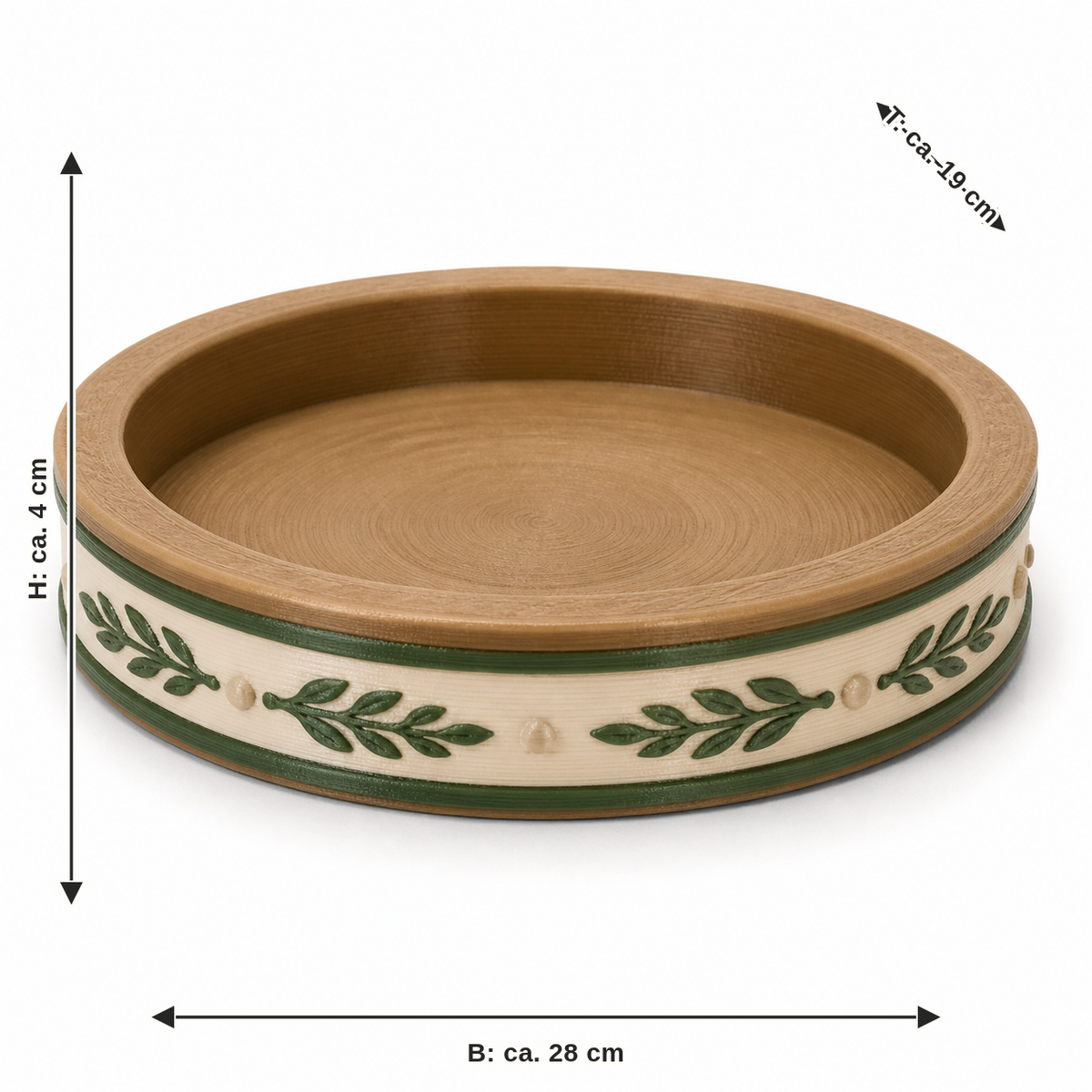 Maßbild für Rundes Dekotablett mit Blätterranke: Breite ca. 28 cm, Tiefe ca. 19 cm, Höhe ca. 4 cm