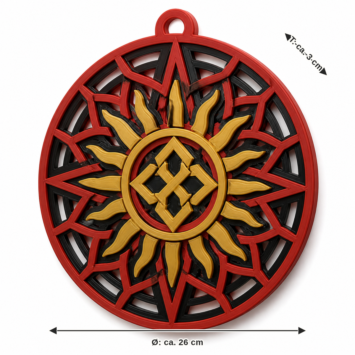 Measurement for round sun ornament in red and gold: diameter about 26 cm, depth about 3 cm