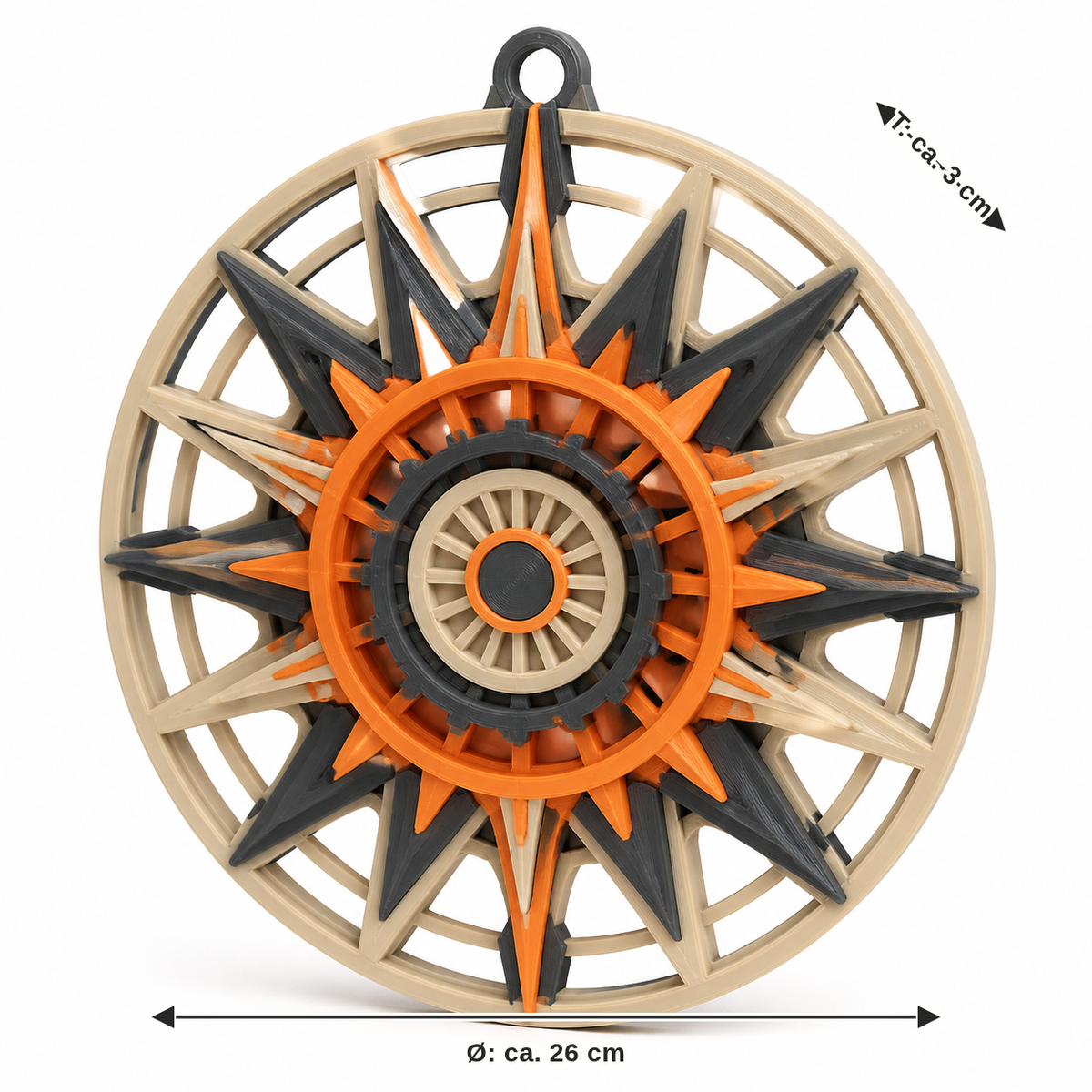 Dimensional image for Round wall ornament with sun compass: diameter approx. 26 cm, depth approx. 3 cm