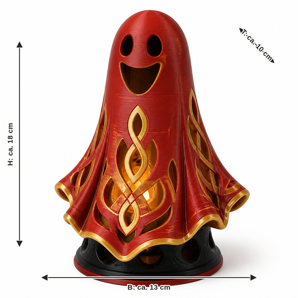 Maßbild für Runen-Geist in Rot und Gold: Breite ca. 13 cm, Tiefe ca. 10 cm, Höhe ca. 18 cm