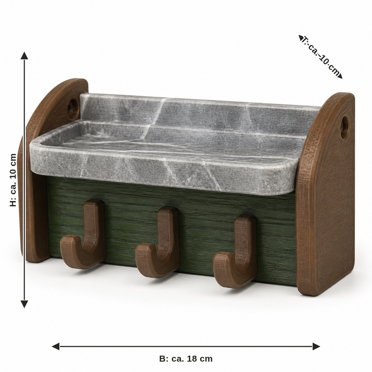 Dimensional image for Rustic key tray with three hooks: width approx. 18 cm, depth approx. 10 cm, height approx. 10 cm