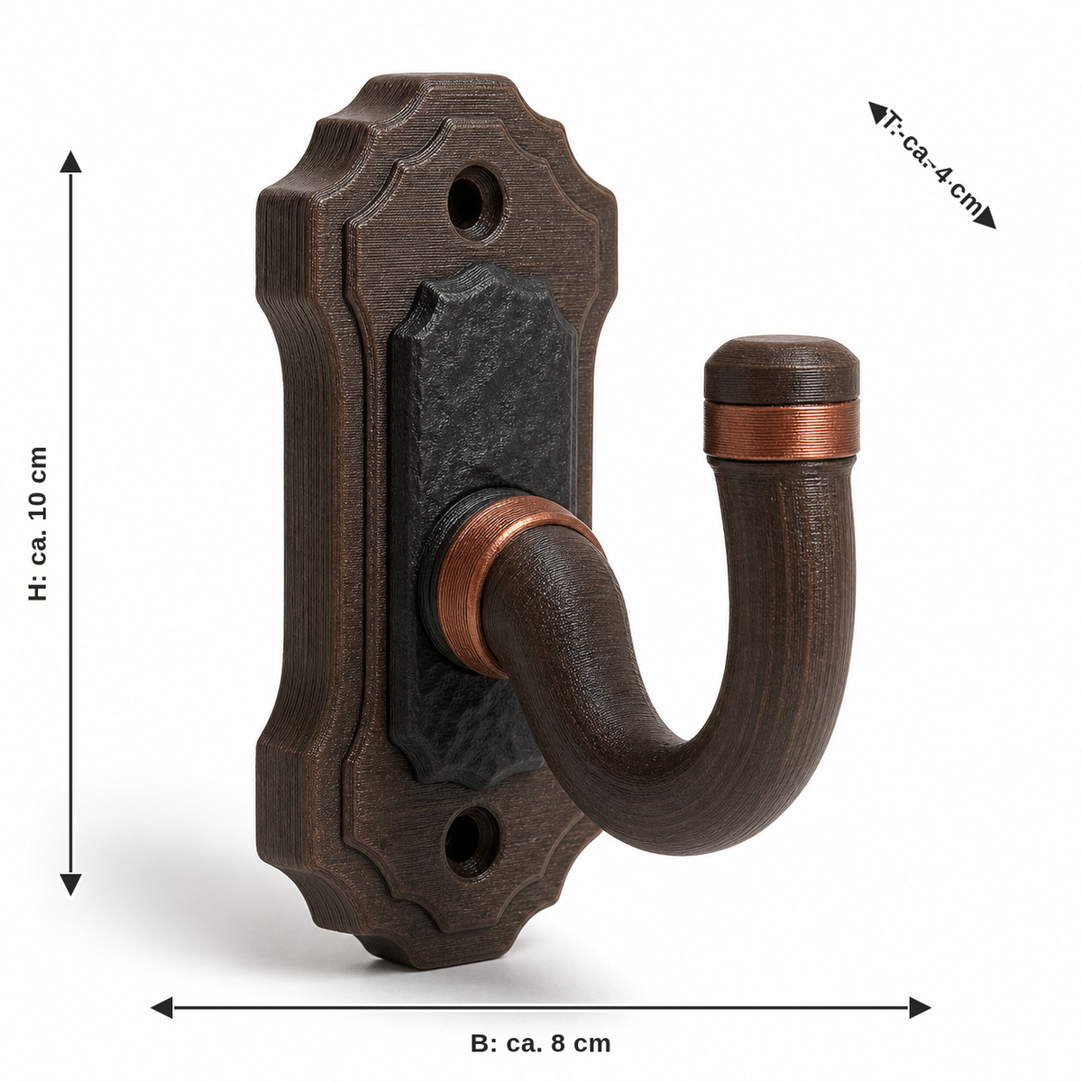 Dimensional image for Rustic curtain hook with rockplatte: width approx. 8 cm, depth approx. 4 cm, height approx. 10 cm