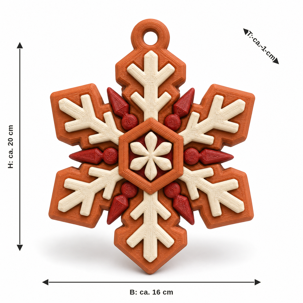 Maßbild für Rustikaler Schneeflocken-Anhänger in Terrakotta: Breite ca. 16 cm, Tiefe ca. 1 cm, Höhe ca. 20 cm