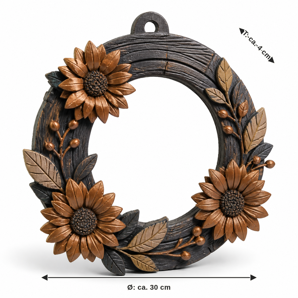 Maßbild für Rustikaler Sonnenblumenkranz in dunkler Holzoptik: Durchmesser ca. 30 cm, Tiefe ca. 4 cm