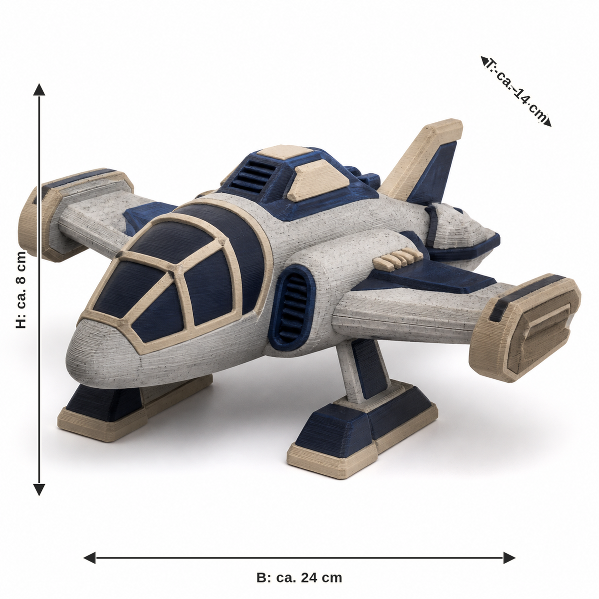 Measurement for Rustic aircraft model in Navy and stone grey: width approx. 24 cm, depth approx. 14 cm, height approx. 8 cm