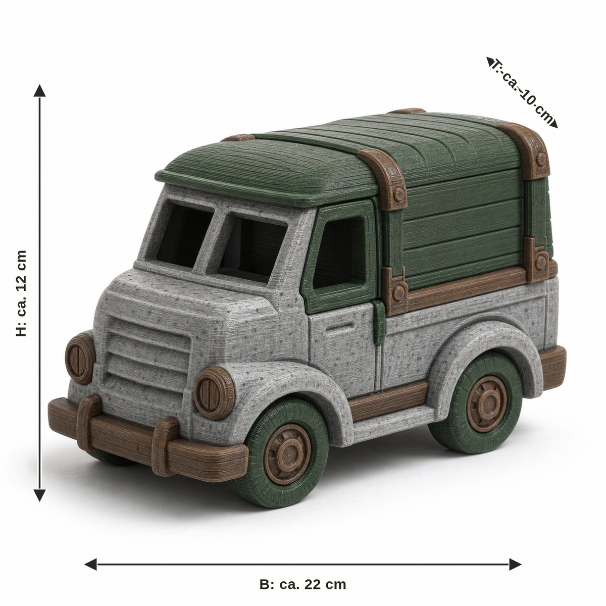 Dimensional image for Rustic van model in stone grey and green: width approx. 22 cm, depth approx. 10 cm, height approx. 12 cm