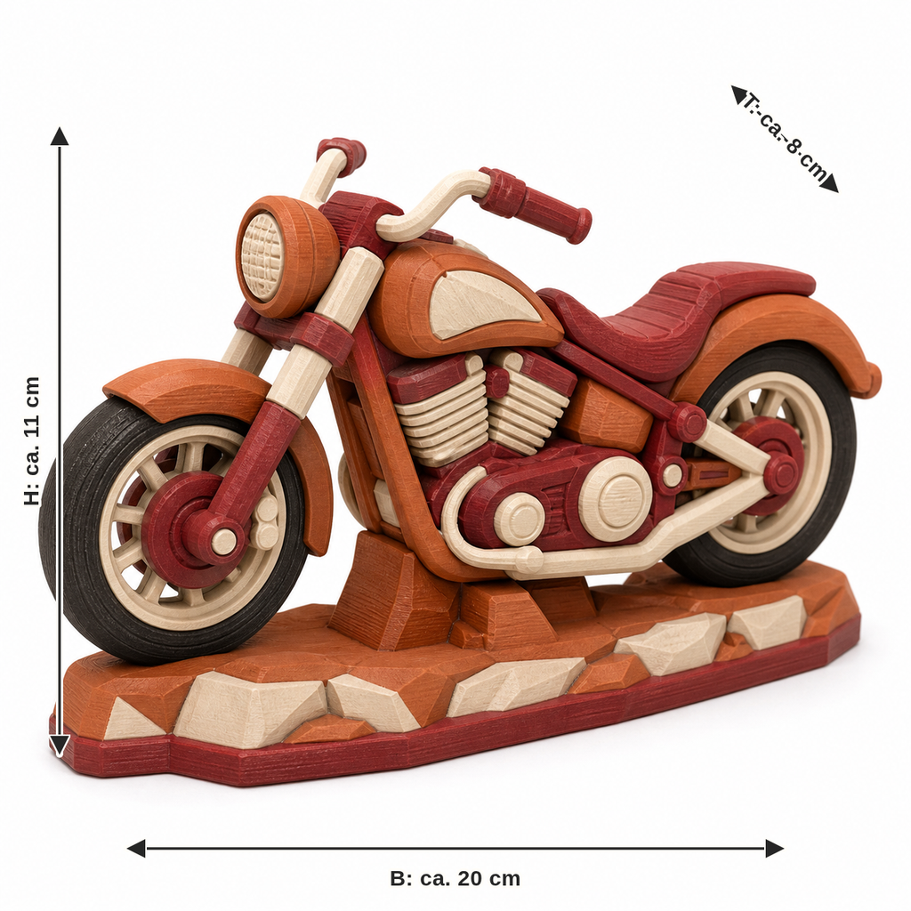 Maßbild für Rustikales Motorrad-Modell in Terrakotta und Rot: Breite ca. 20 cm, Tiefe ca. 8 cm, Höhe ca. 11 cm