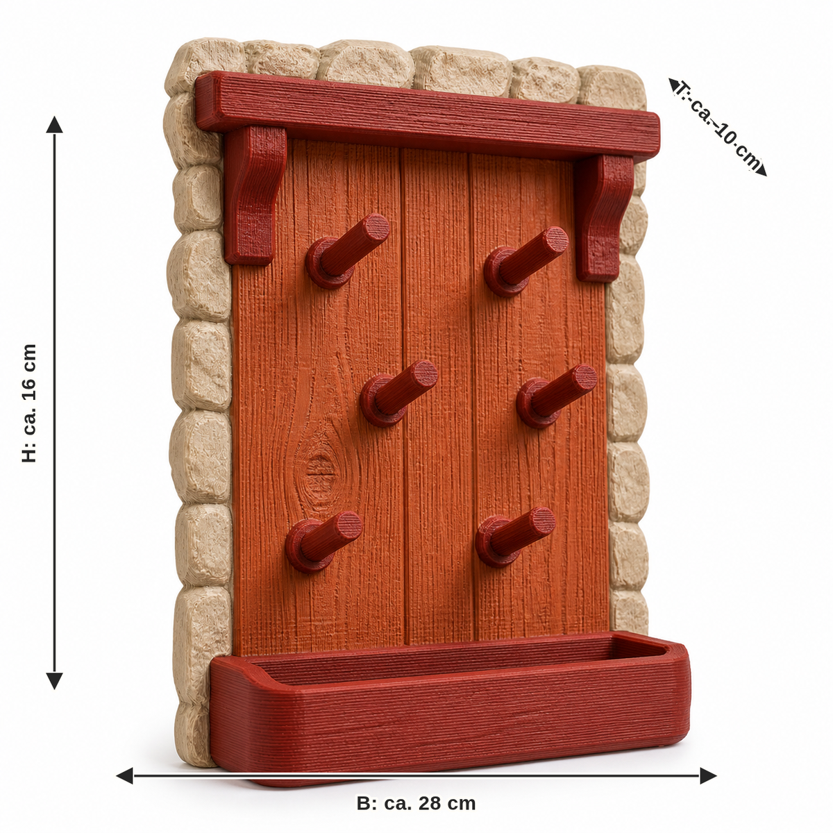 Dimensional image for Rustic key rack with six round hooks: width approx. 28 cm, depth approx. 10 cm, height approx. 16 cm