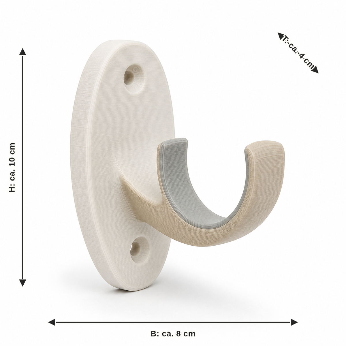 Dimensional image for soft curtain hook in natural tones: width approx. 8 cm, depth approx. 4 cm, height approx. 10 cm