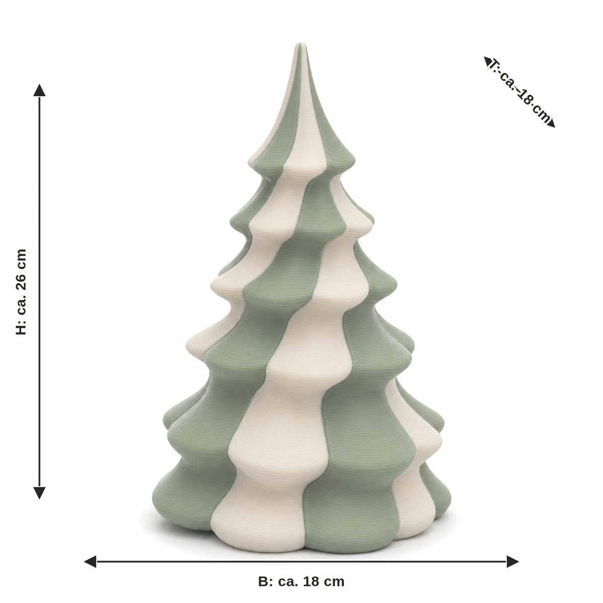 Maßbild für Sanft gestufter Deko-Weihnachtsbaum in Salbei und Creme: Breite ca. 18 cm, Tiefe ca. 18 cm, Höhe ca. 26 cm