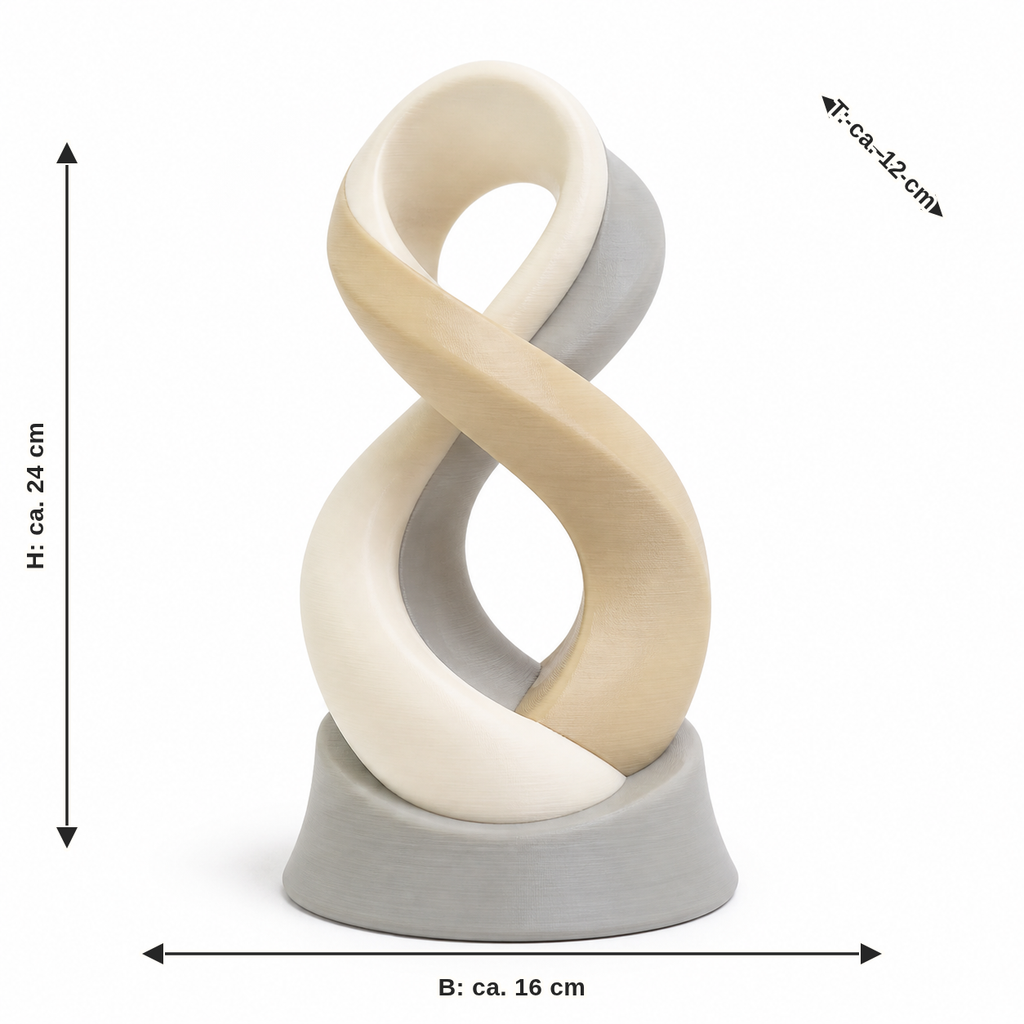 Dimensional image for soft endless loop sculpture in natural tones: width approx. 16 cm, depth approx. 12 cm, height approx. 24 cm