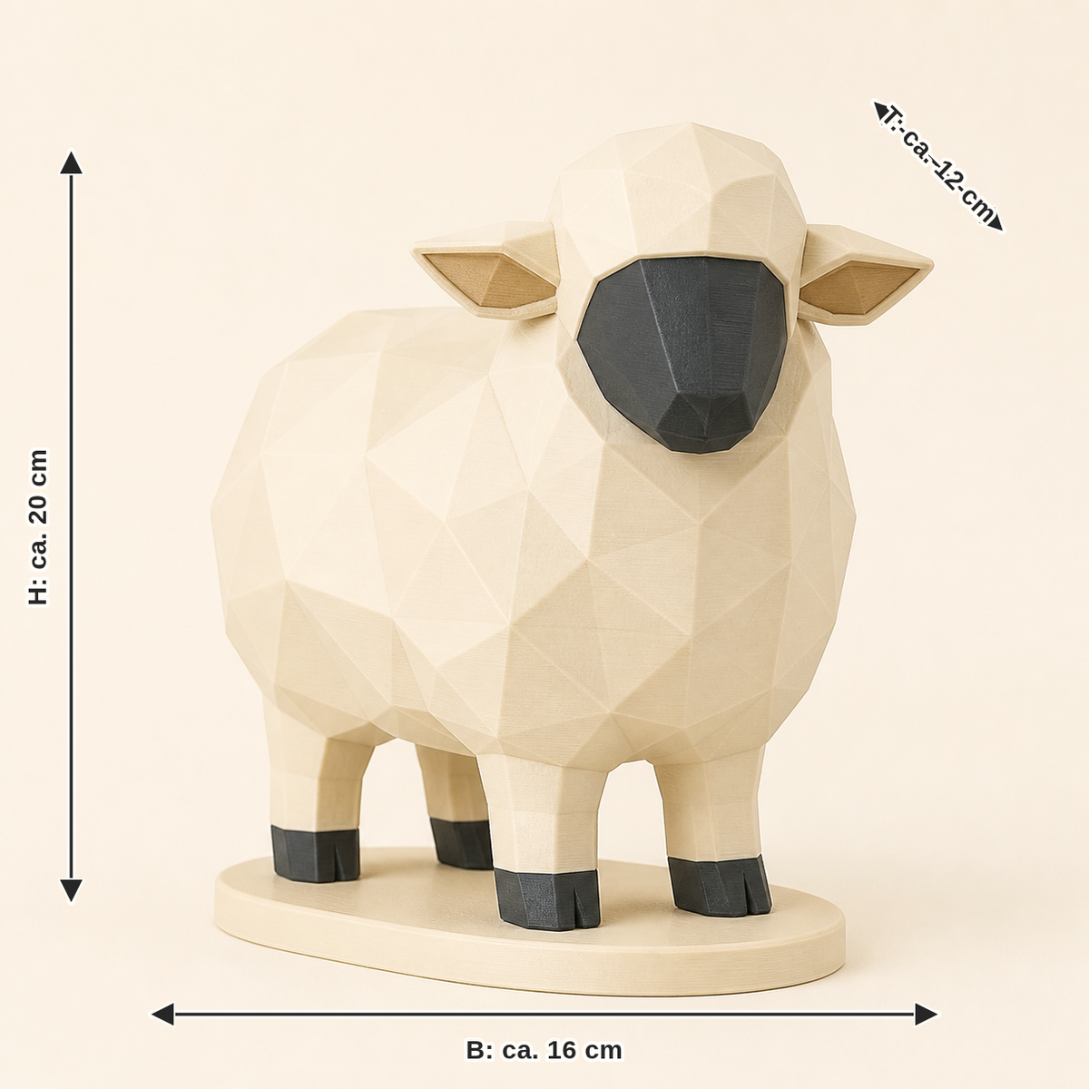 Maßbild für Schaf-Low-Poly-Skulptur Facettenfigur: Breite ca. 16 cm, Tiefe ca. 12 cm, Höhe ca. 20 cm