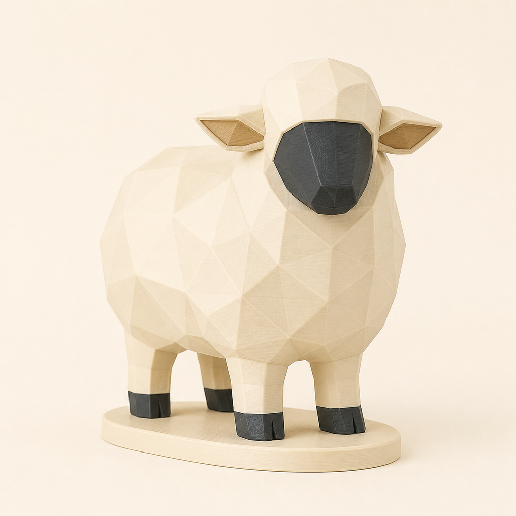 Schaf-Low-Poly-Skulptur Facettenfigur aus 3D-gedrucktem PETG in Knochenweiß, Sandbeige, Anthrazit