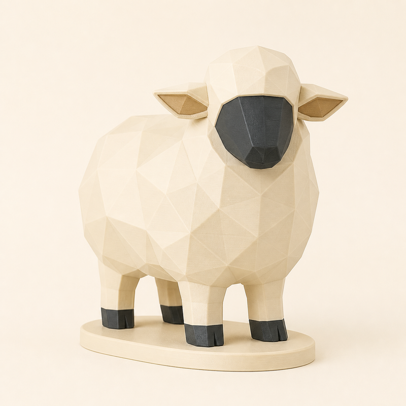 Schaf-Low-Poly-Skulptur Facettenfigur aus 3D-gedrucktem PETG in Knochenweiß, Sandbeige, Anthrazit