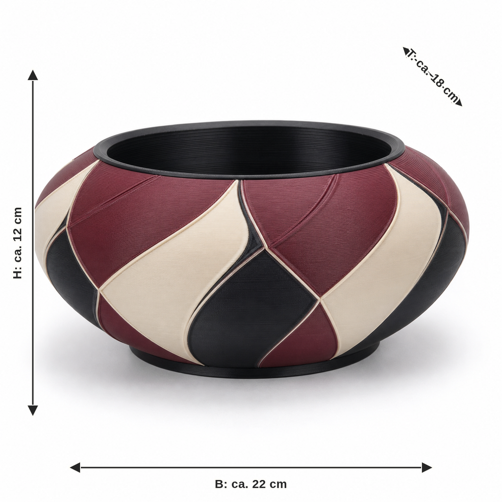 Maßbild für Schalenvase Bordeauxgeflecht: Breite ca. 22 cm, Tiefe ca. 18 cm, Höhe ca. 12 cm