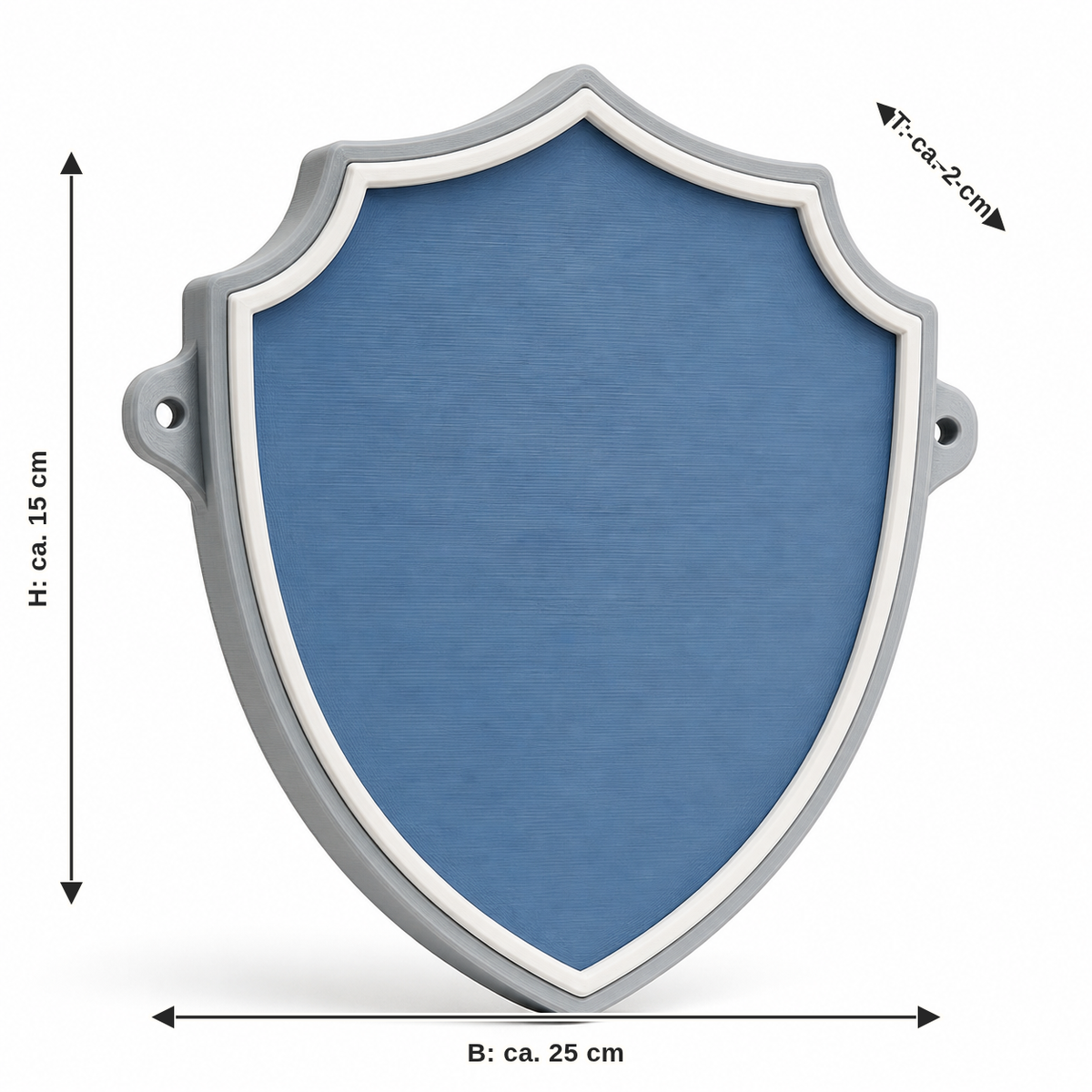 Dimensional image for shielded door sign in blue and white: width approx. 25 cm, depth approx. 2 cm, height approx. 15 cm