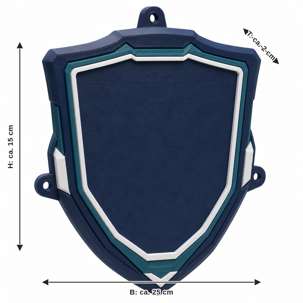 Dimensional image for shielded door sign in dark blue: width approx. 25 cm, depth approx. 2 cm, height approx. 15 cm