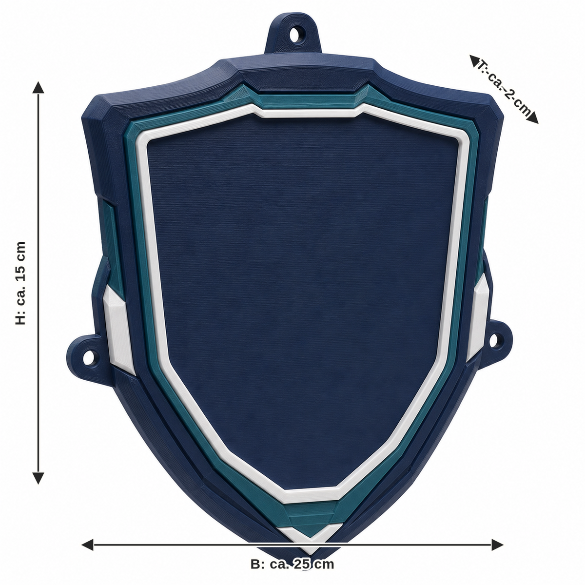 Dimensional image for shielded door sign in dark blue: width approx. 25 cm, depth approx. 2 cm, height approx. 15 cm