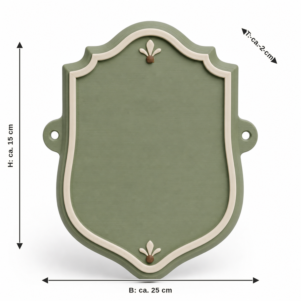 Dimensional image for shielded door sign in sage green: width approx. 25 cm, depth approx. 2 cm, height approx. 15 cm
