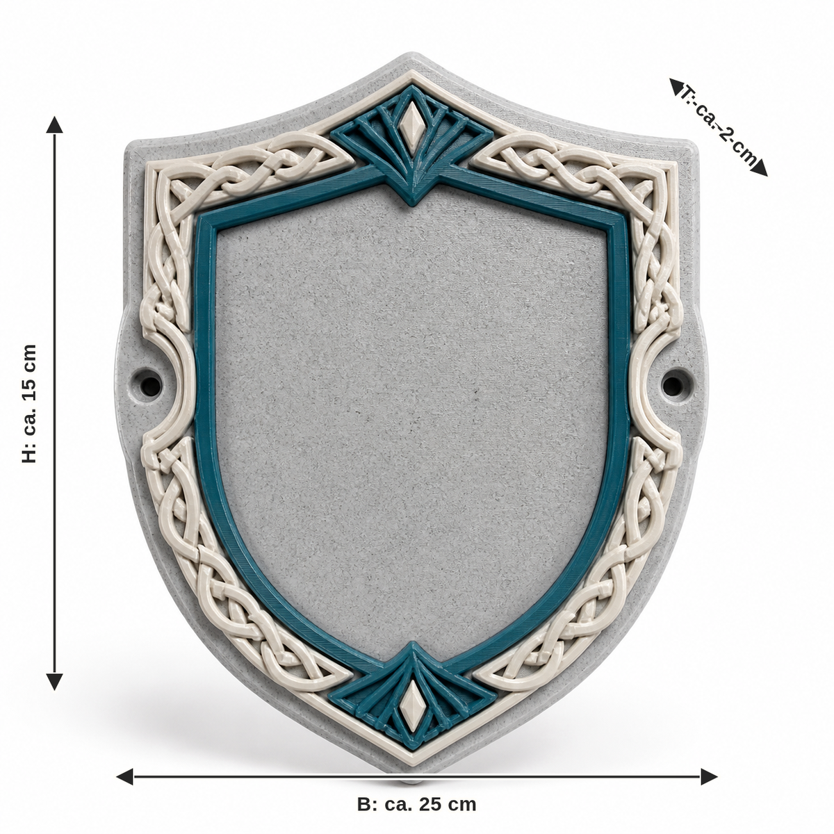 Dimensional image for shield-shaped door sign with light frosting: width approx. 25 cm, depth approx. 2 cm, height approx. 15 cm