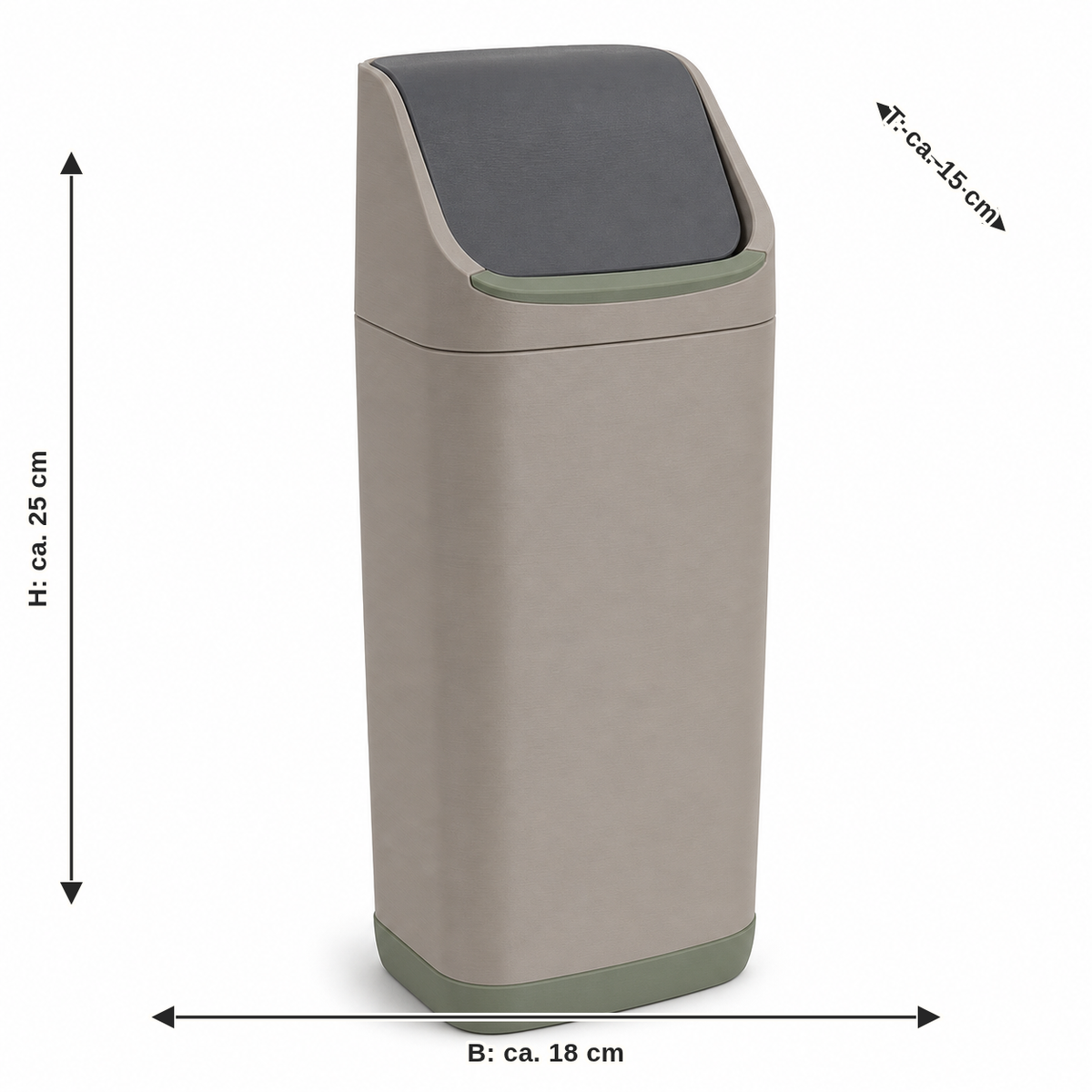 Measurement for slim waste bin with swing lid: width approx. 18 cm, depth approx. 15 cm, height approx. 25 cm