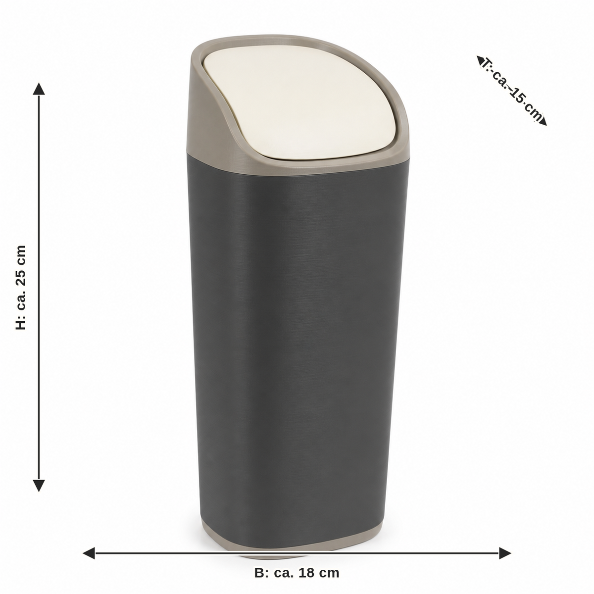 Measurement for slim waste bin with soft swing lid: width approx. 18 cm, depth approx. 15 cm, height approx. 25 cm
