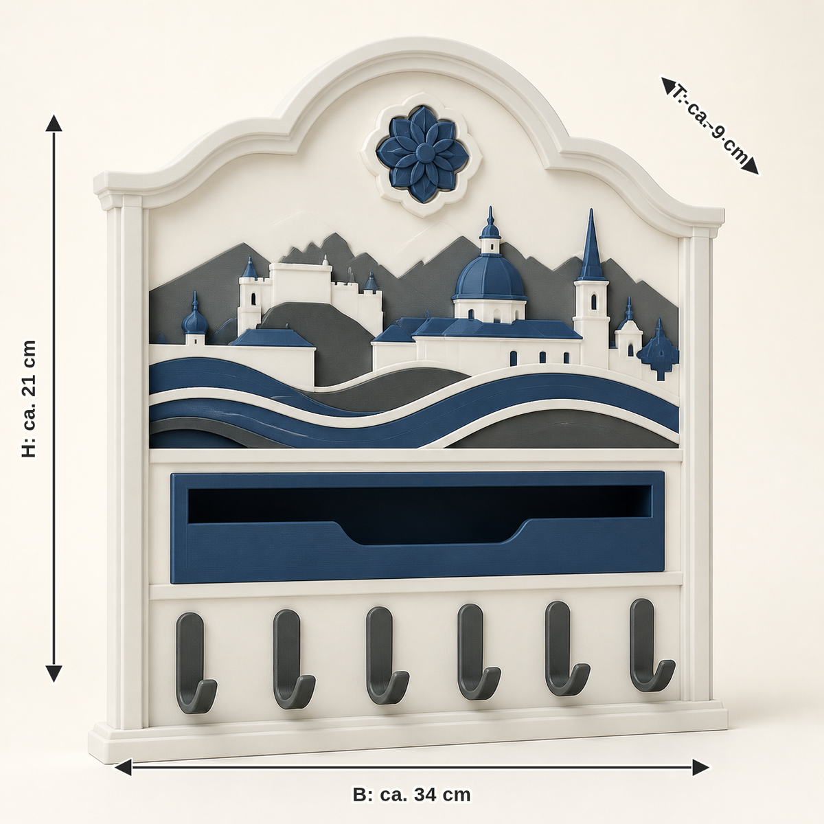 Measurement image for key station Barockportal – Salzburg: width about 34 cm, depth about 9 cm, height about 21 cm