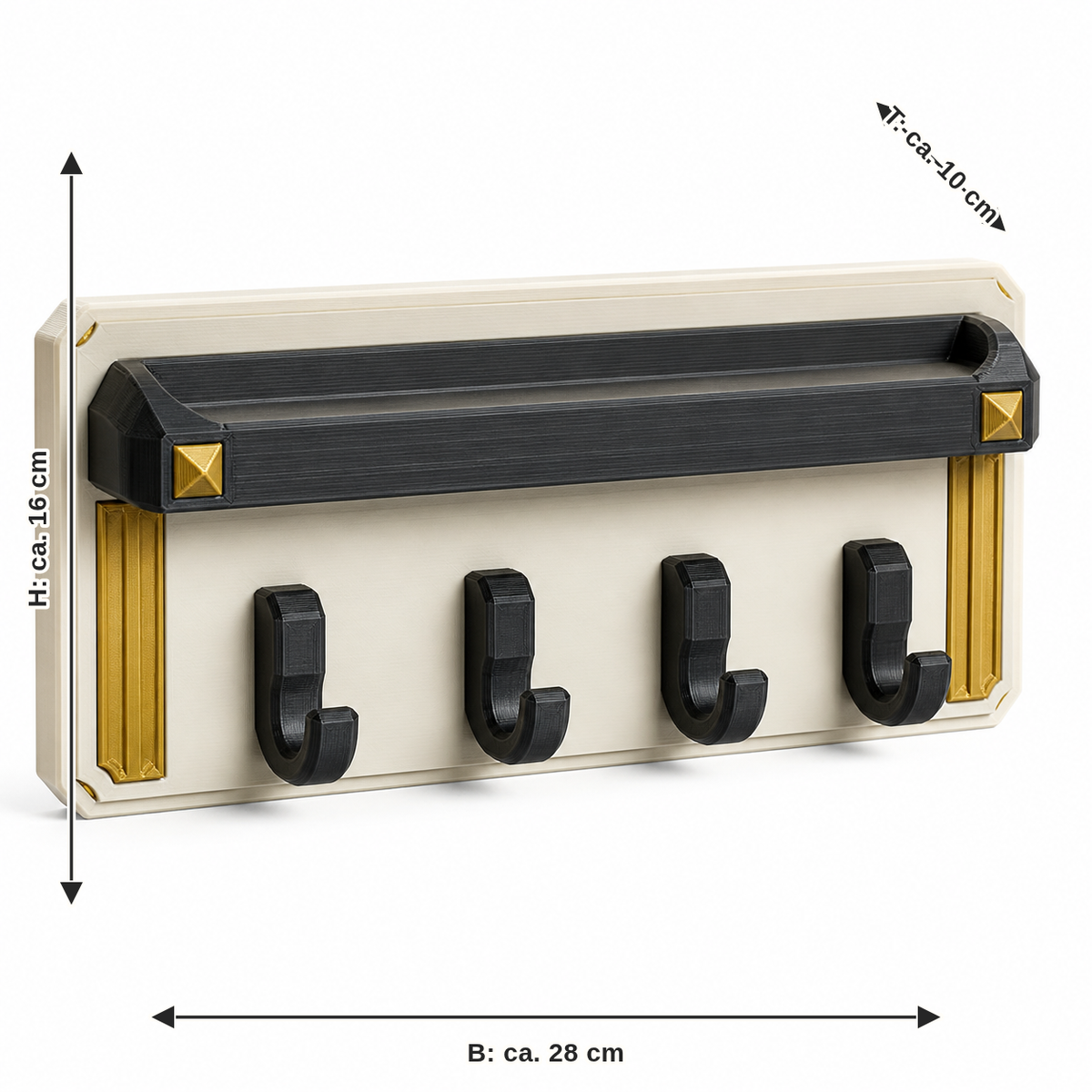 Measurement image for key rack gold bar: width approx. 28 cm, depth approx. 10 cm, height approx. 16 cm