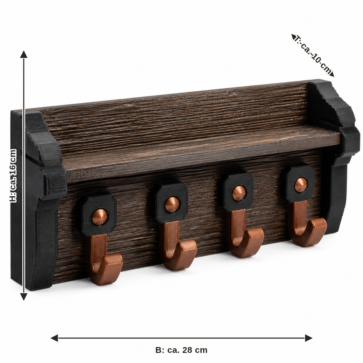 Measurement image for key rack copper bank: width approx. 28 cm, depth approx. 10 cm, height approx. 16 cm