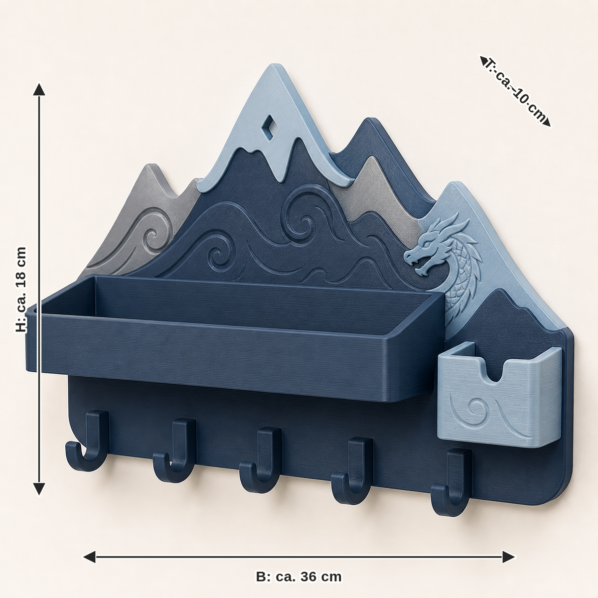 Dimensional image for key rack mailbox – Nordic & Mythical: width approx. 36 cm, depth approx. 10 cm, height approx. 18 cm