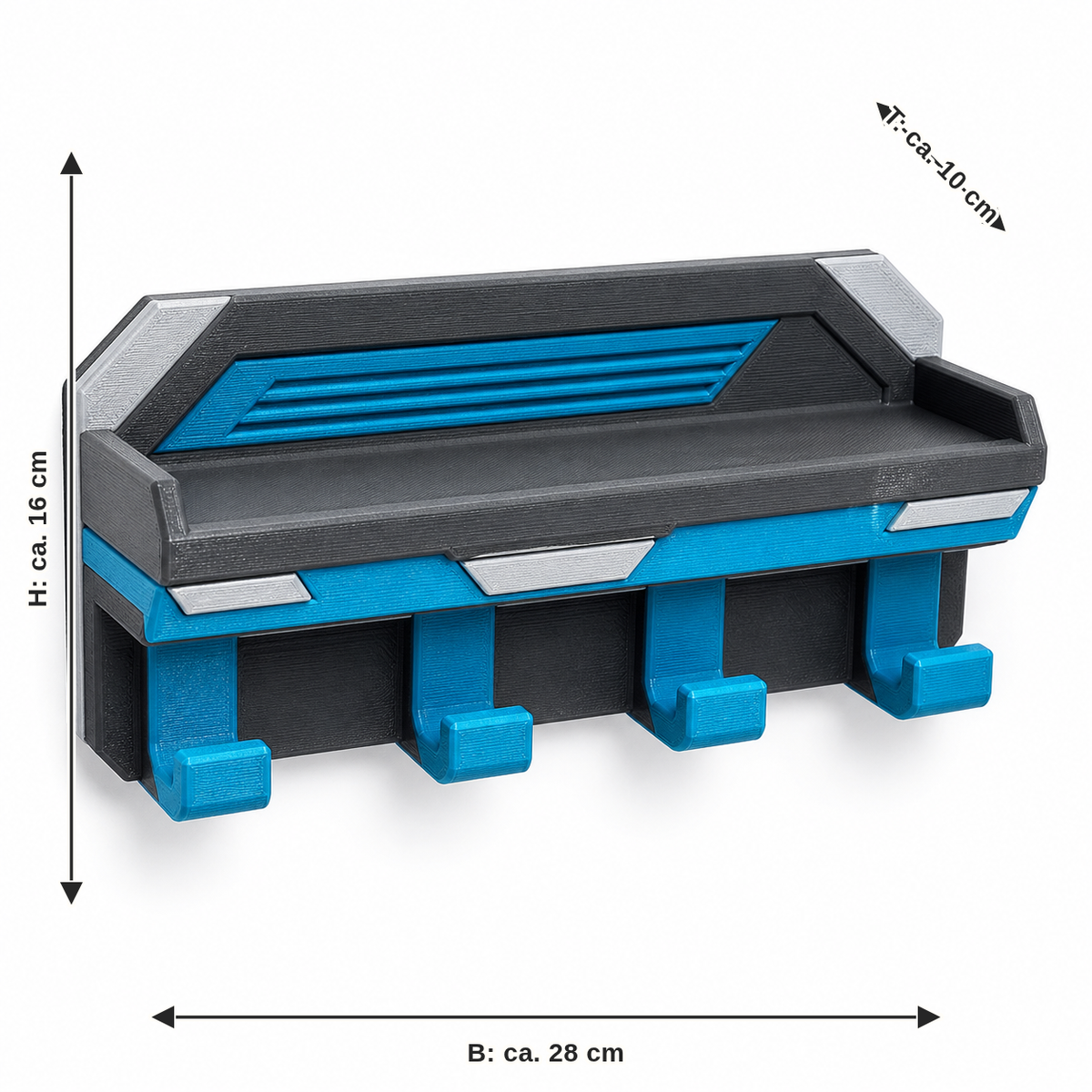 Measurement for key rack with shelf and four hooks: width approx. 28 cm, depth approx. 10 cm, height approx. 16 cm
