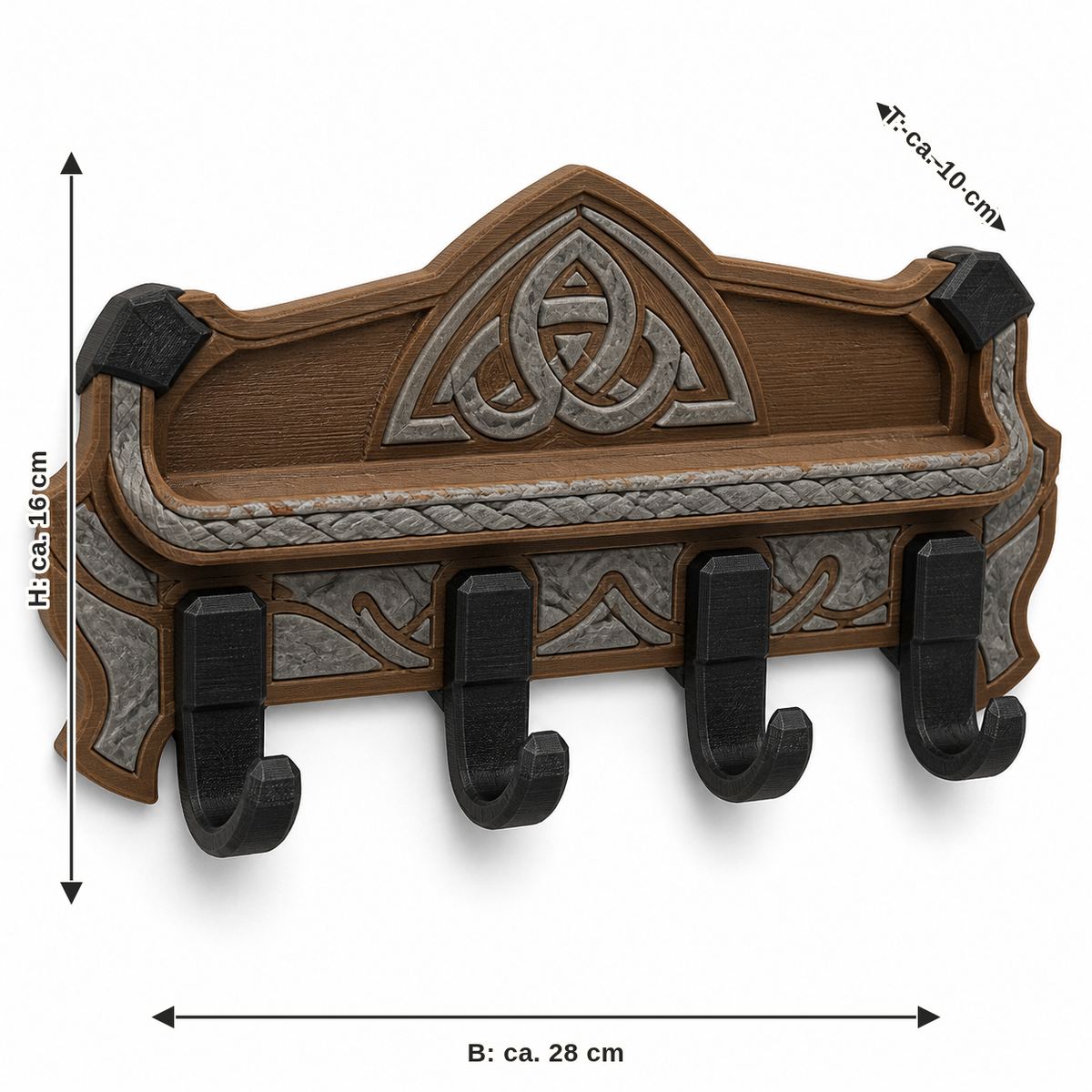 Dimensional image for key rack with shelf and four rune hooks: width approx. 28 cm, depth approx. 10 cm, height approx. 16 cm
