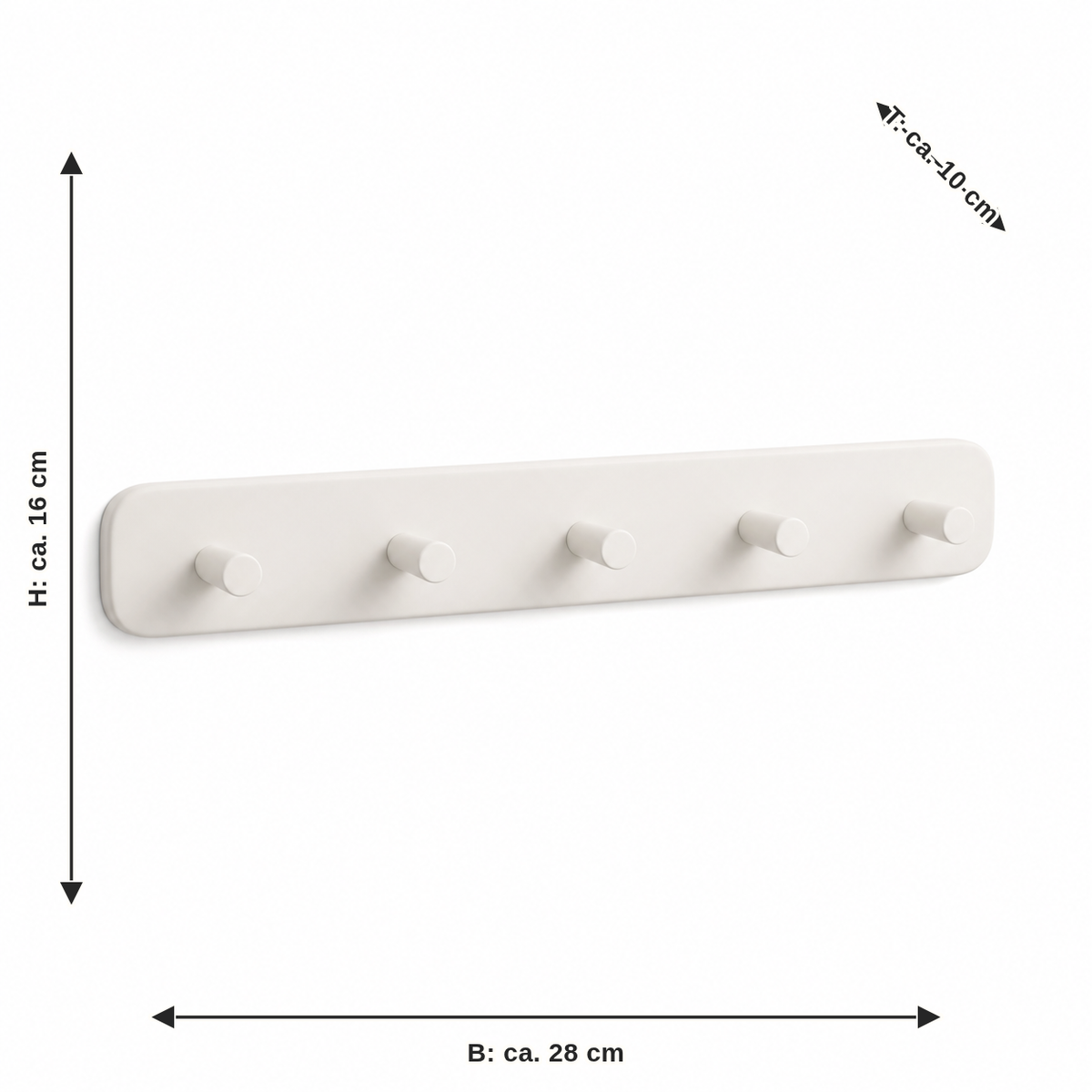 Measurement for key rack with five round hooks in warm white: width approx. 28 cm, depth approx. 10 cm, height approx. 16 cm