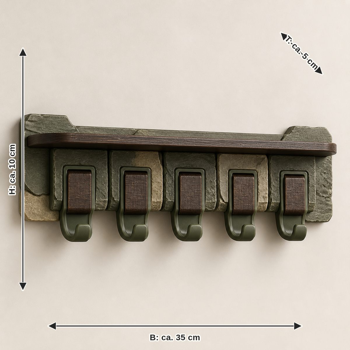 Dimensional image for key bar module hook – Rustic: width approx. 35 cm, depth approx. 5 cm, height approx. 10 cm