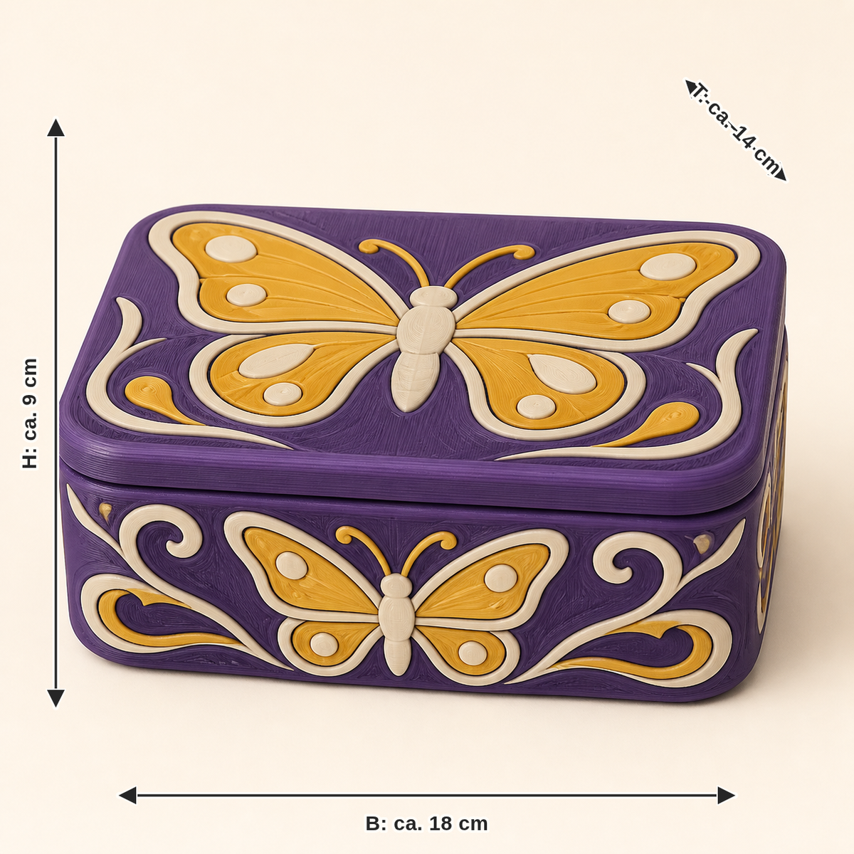 Maßbild für Schmetterling-Aufbewahrungsbox Tierbox: Breite ca. 18 cm, Tiefe ca. 14 cm, Höhe ca. 9 cm