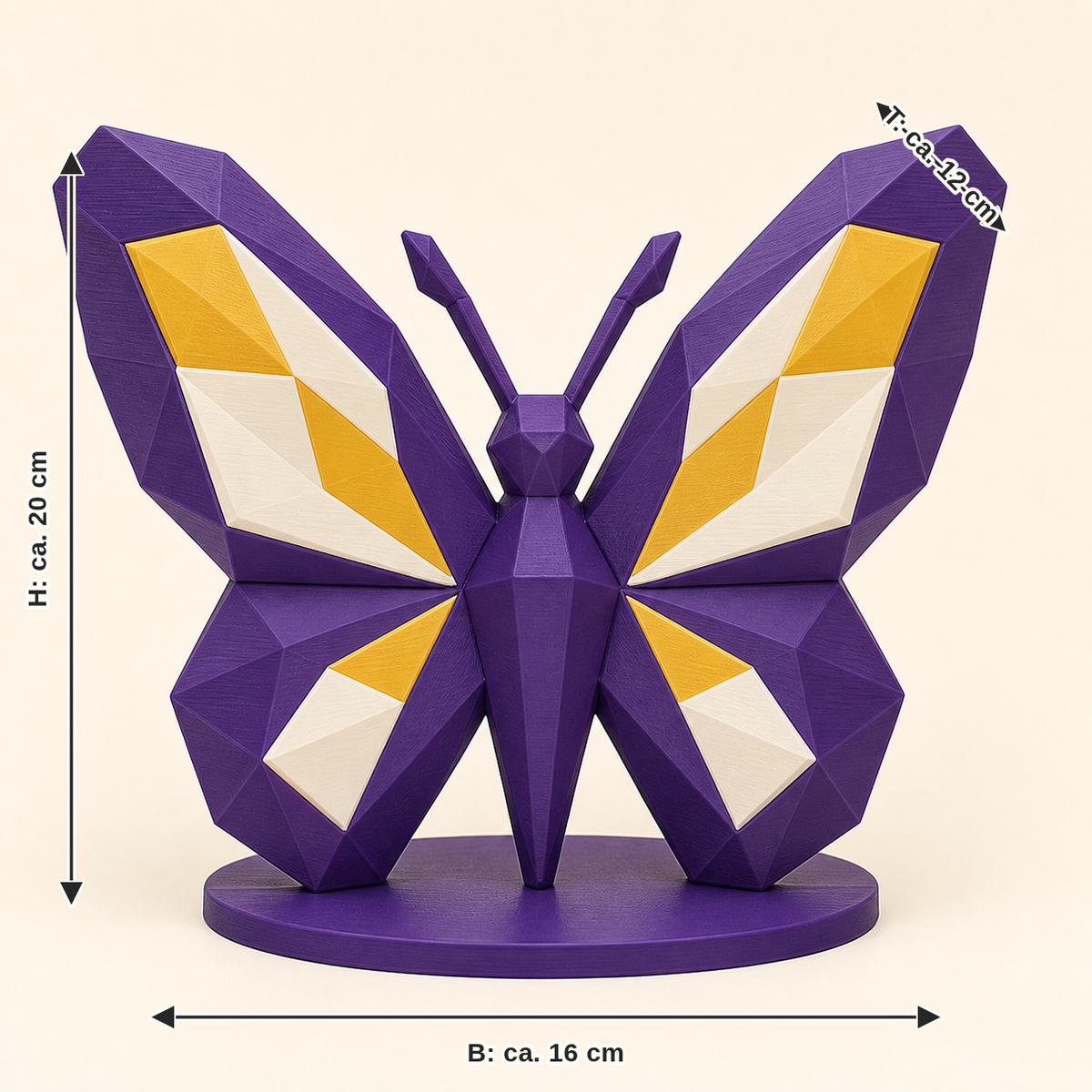 Maßbild für Schmetterling-Low-Poly-Skulptur Facettenfigur: Breite ca. 16 cm, Tiefe ca. 12 cm, Höhe ca. 20 cm