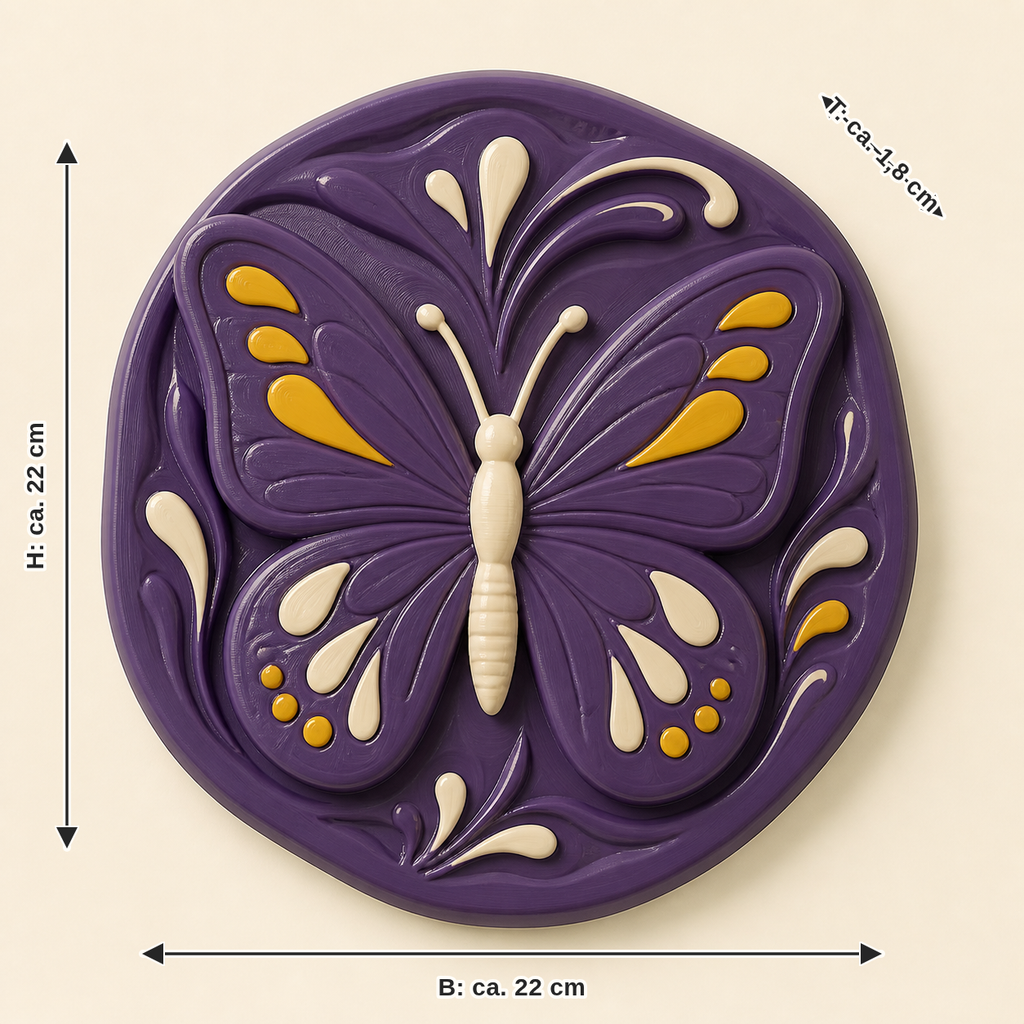Maßbild für Schmetterling-Wandrelief Tierporträt: Breite ca. 22 cm, Tiefe ca. 1.8 cm, Höhe ca. 22 cm
