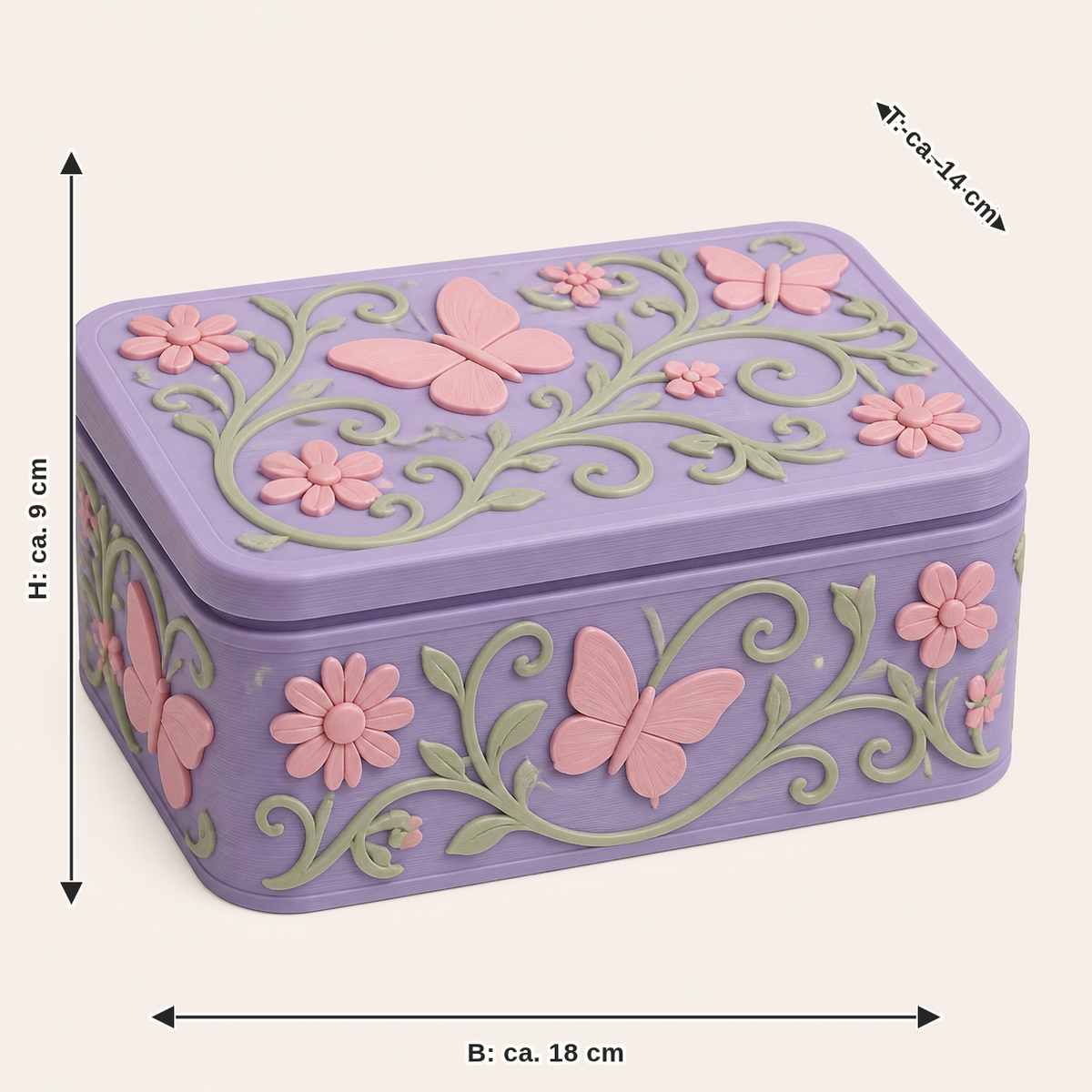 Dimensional image for butterfly garden-storage box Wing box: width approx. 18 cm, depth approx. 14 cm, height approx. 9 cm