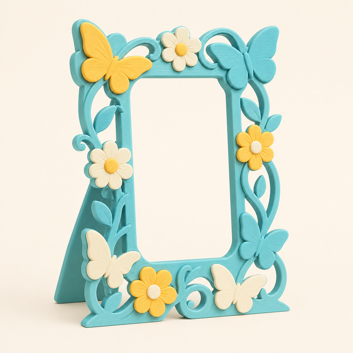 butterfly garden-photo frame garden portal from 3D-printed PETG in turquoise, sun yellow, cream