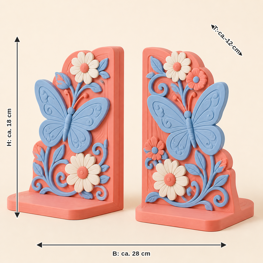 Maßbild für Schmetterlingsgarten-Buchstützen-Paar Doppelfalter: Breite ca. 28 cm, Tiefe ca. 12 cm, Höhe ca. 18 cm