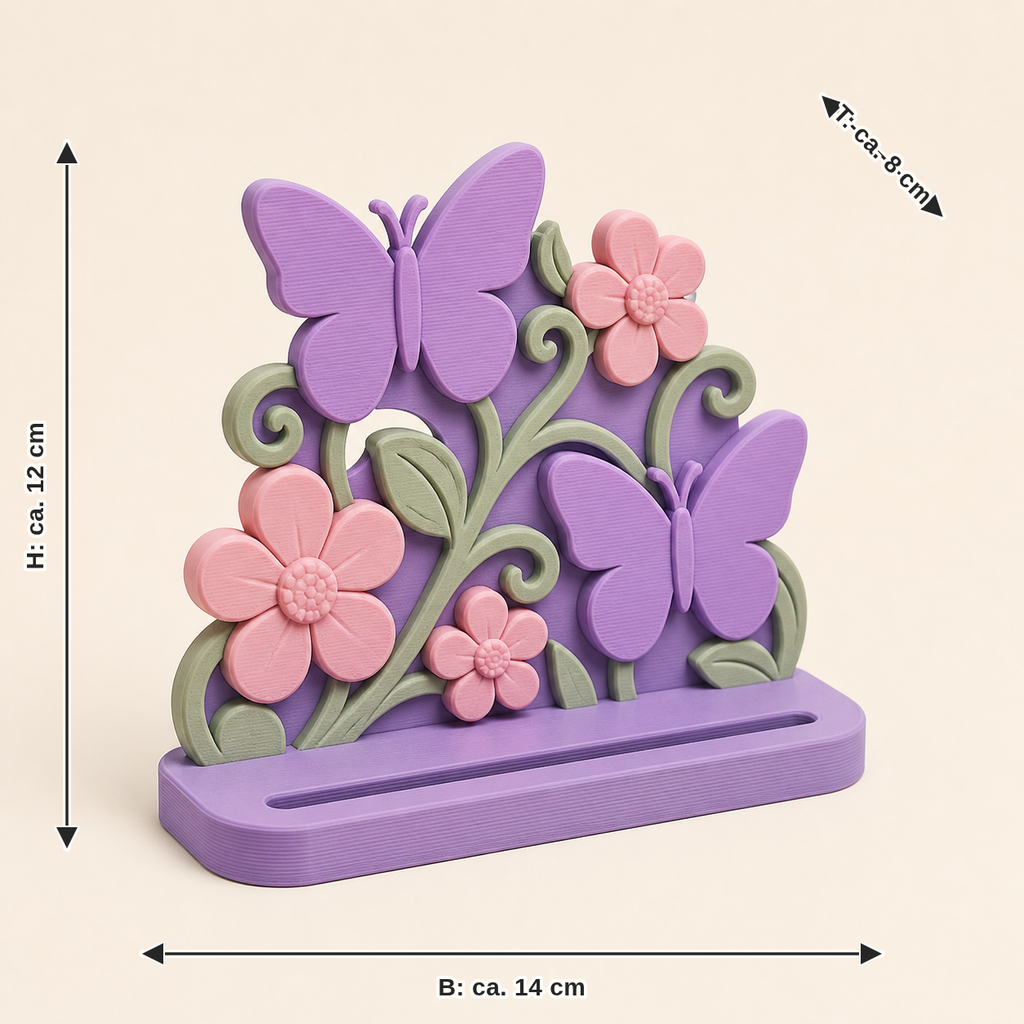 Dimensional image for butterfly garden photo holder point of fold: width approx. 14 cm, depth approx. 8 cm, height approx. 12 cm