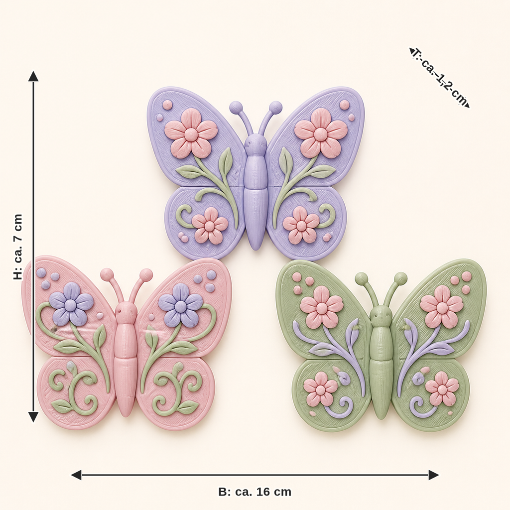 Dimensional image for butterfly garden magnet set folder trio: width approx. 16 cm, depth approx. 1.2 cm, height approx. 7 cm
